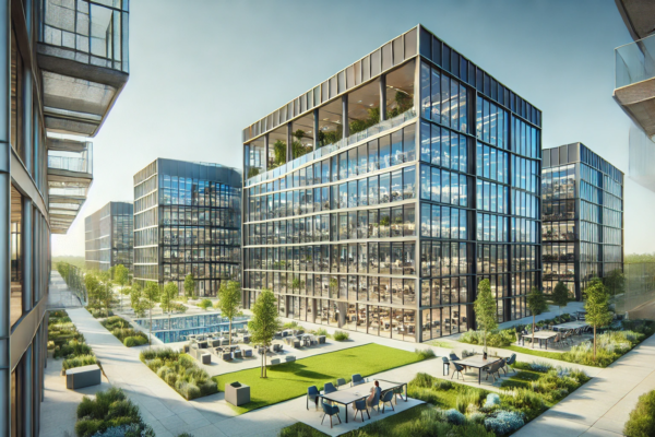 A wide modern business center with sleek glass buildings, surrounded by green landscaping and clear blue skies