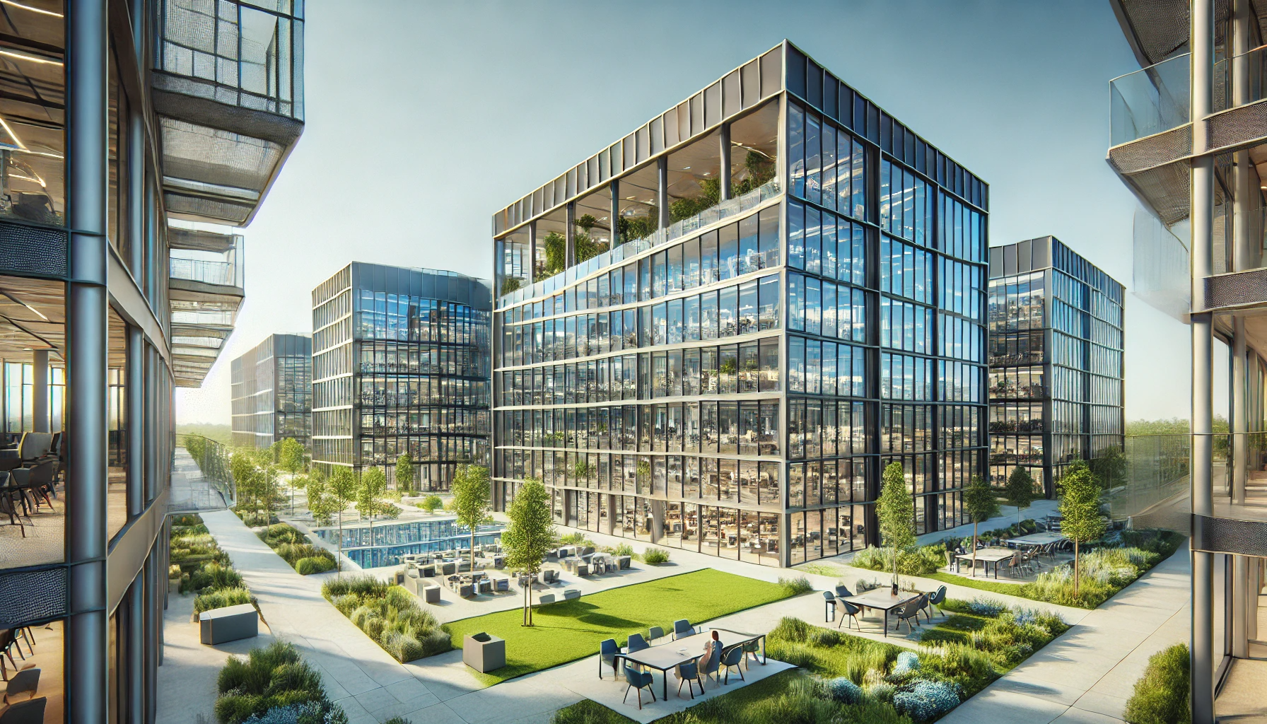 A wide modern business center with sleek glass buildings, surrounded by green landscaping and clear blue skies