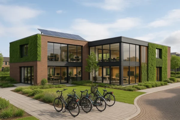 Flexibel bedrijvencentrum in een kleinere Nederlandse stad met moderne architectuur en duurzame voorzieningen.