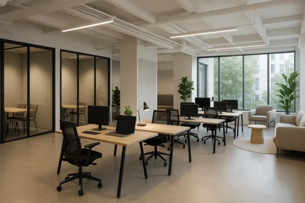 De rol van het bedrijvencentrum in het ondersteunen van remote teams Modern bedrijvencentrum met gedeelde werkplekken, vergaderruimtes en loungezones voor remote teams.
