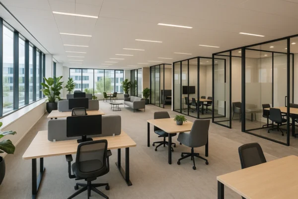 Interieur van een modern bedrijvencentrum met flexibele werkplekken, vergaderruimtes en loungezones.