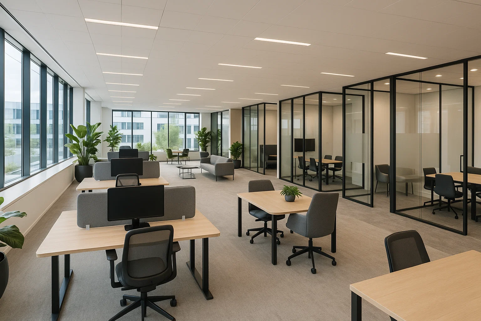 Interieur van een modern bedrijvencentrum met flexibele werkplekken, vergaderruimtes en loungezones.