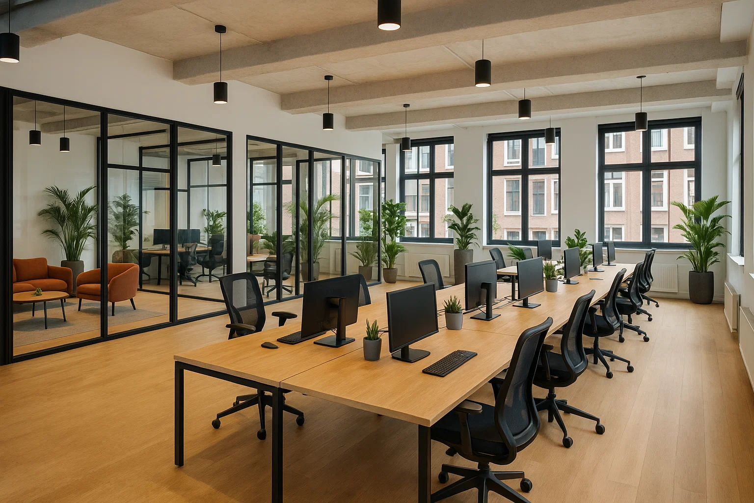 Interieur van een moderne coworkingruimte met gedeelde werkplekken, glazen kantoren en loungezones in een Nederlandse stad.