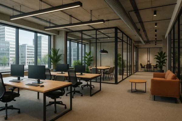 Moderne coworkingruimte in Rotterdam met gedeelde werkplekken, glazen kantoren, vergaderruimtes en duurzame inrichting.
