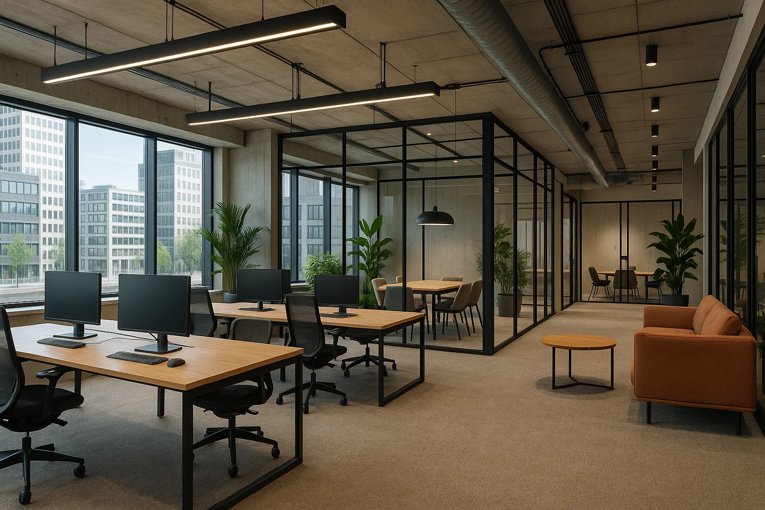 Moderne coworkingruimte in Rotterdam met gedeelde werkplekken, glazen kantoren, vergaderruimtes en duurzame inrichting.