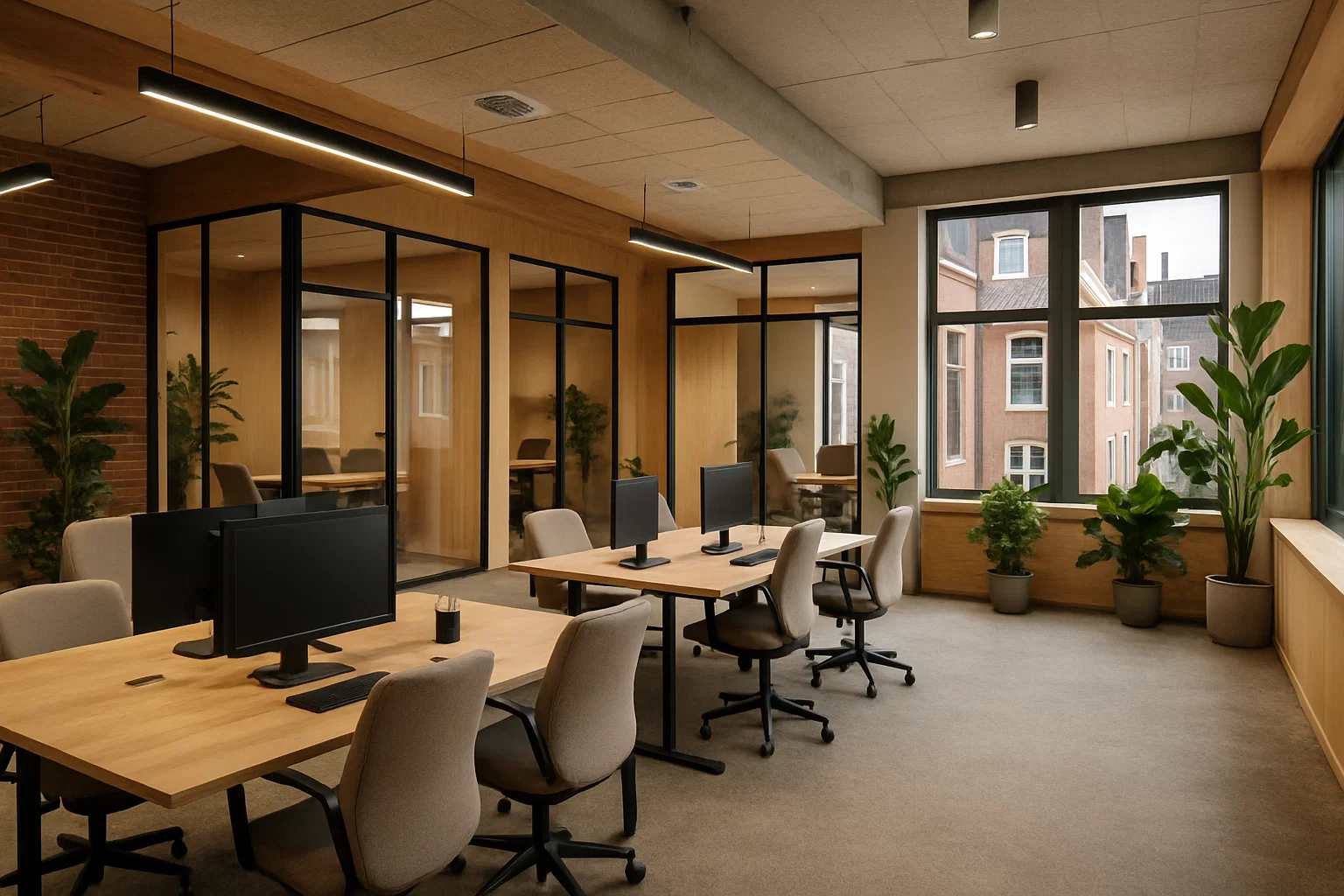 Moderne coworkingruimte in een kleinere Nederlandse stad met gedeelde werkplekken, privé­kantoren, vergaderruimtes en duurzame inrichting.