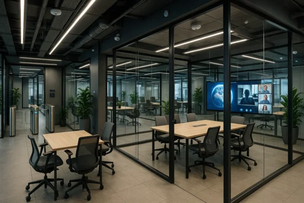 High-tech bedrijvencentrum met moderne coworkingruimtes, slimme toegangssystemen, videoconferencing-faciliteiten en ergonomisch design.