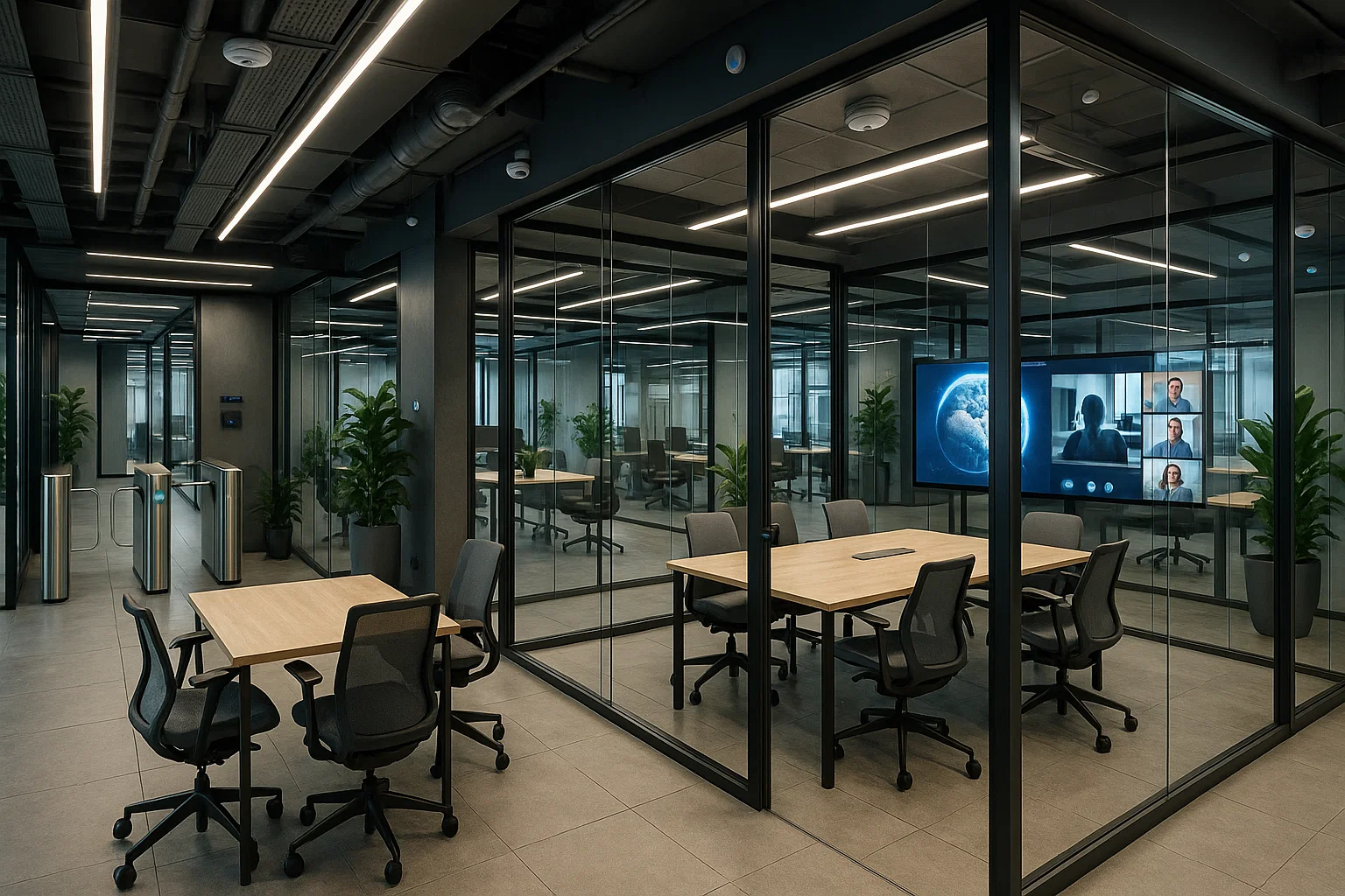 High-tech bedrijvencentrum met moderne coworkingruimtes, slimme toegangssystemen, videoconferencing-faciliteiten en ergonomisch design.