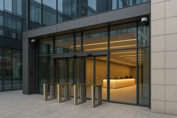 Ingang van een modern bedrijvencentrum met toegangscontrole en camerabeveiliging