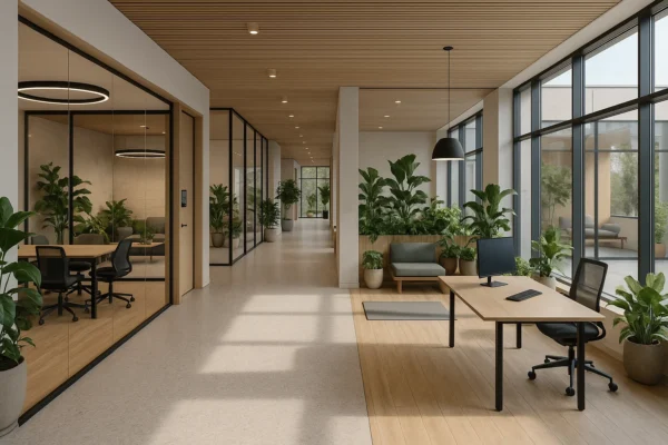 Modern bedrijvencentrum met flexibele werkplekken, groenvoorziening, ergonomisch design en wellness-geïnspireerde ruimtes.