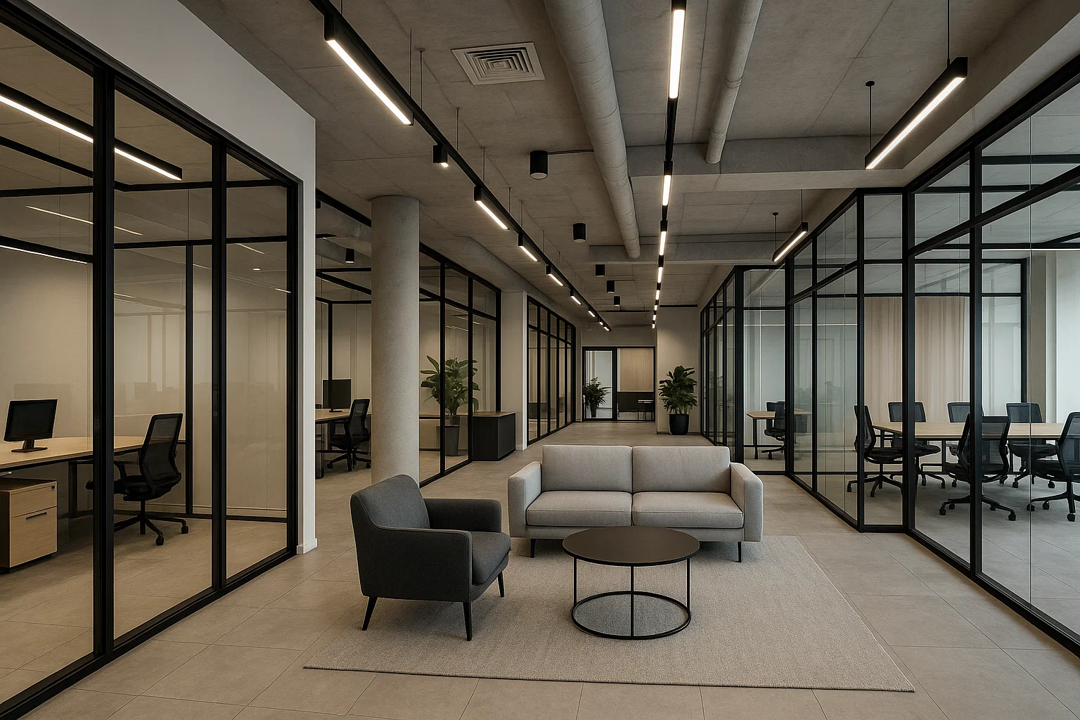 Fotorealistisch interieur van een bedrijvencentrum met gedeelde kantoren, vergaderruimtes en moderne voorzieningen in een helder, professioneel design.