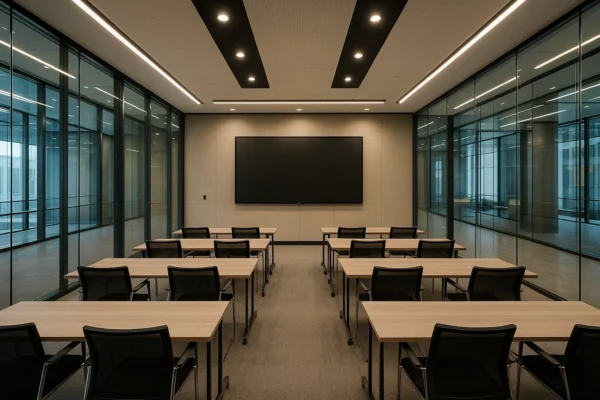 Fotorealistische vergaderzaal in een modern bedrijvencentrum met glazen wanden, grote schermen en flexibele opstelling voor conferenties en events.