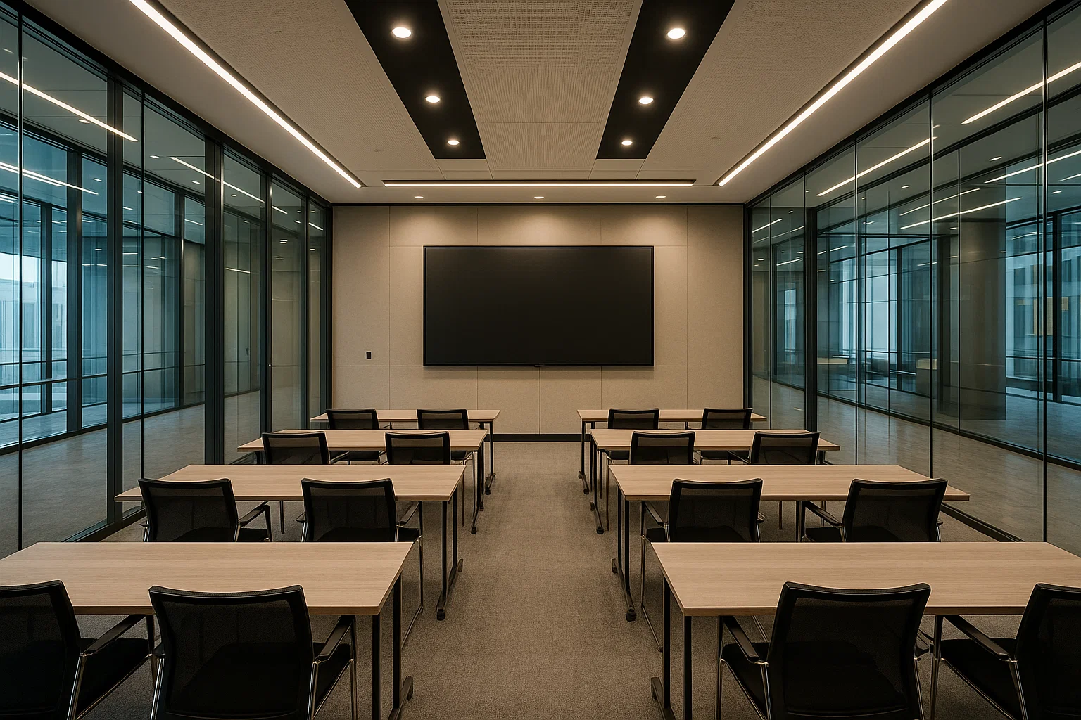 Fotorealistische vergaderzaal in een modern bedrijvencentrum met glazen wanden, grote schermen en flexibele opstelling voor conferenties en events.