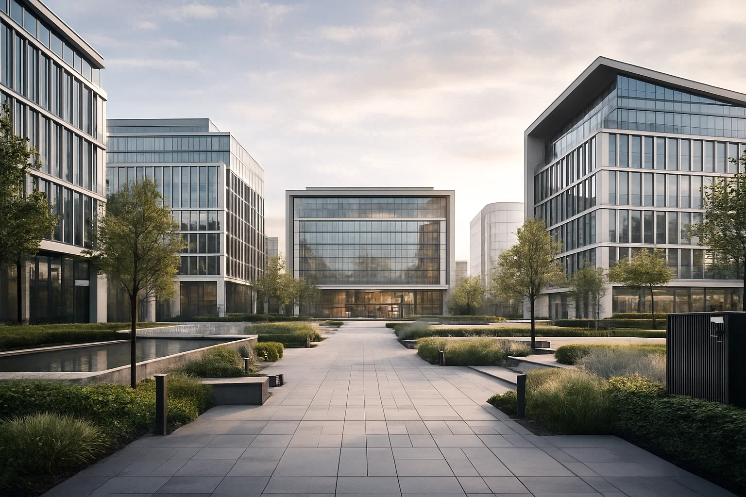 Modern business center met veilige en goed onderhouden architectuur.