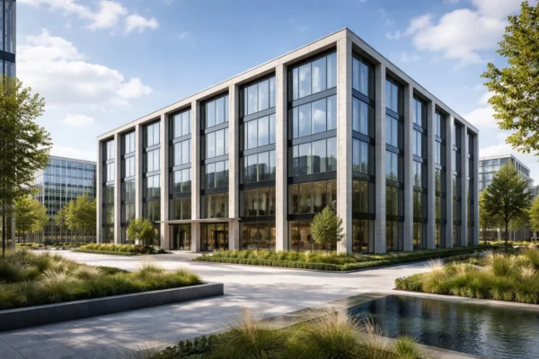 Modern kantoorgebouw in een Nederlands zakelijk district, zonder mensen.