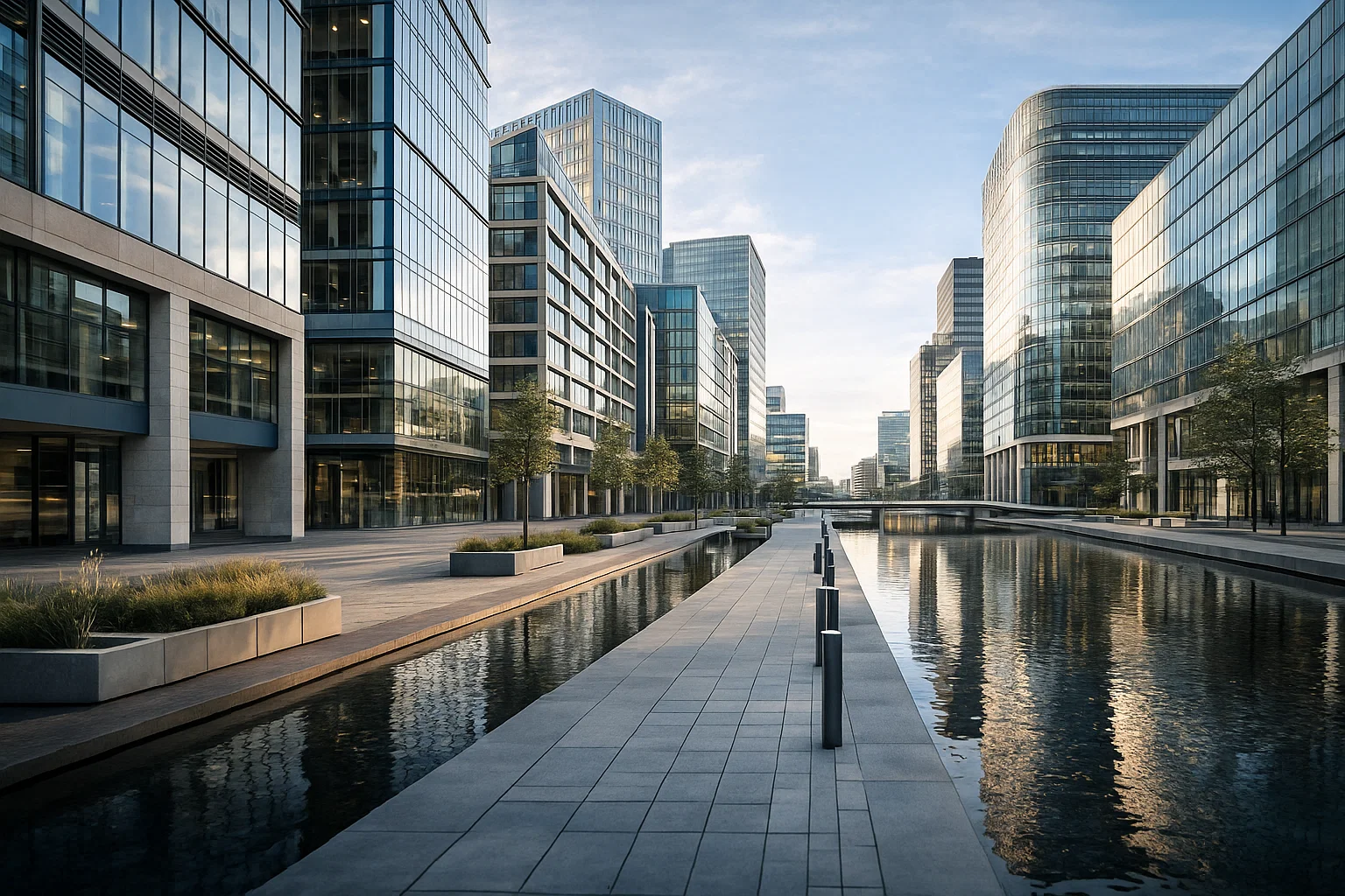 Moderne kantoorruimte in een grootstedelijke zakelijke omgeving.